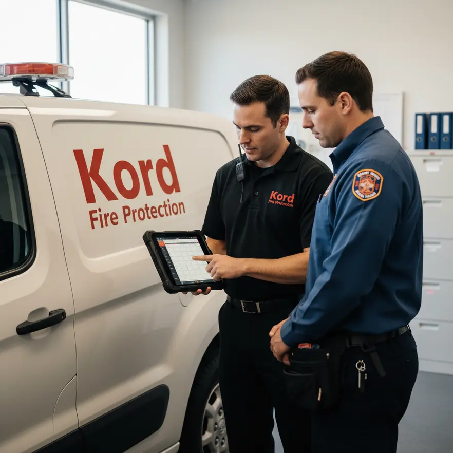 Technician performing fire extinguisher service in LA