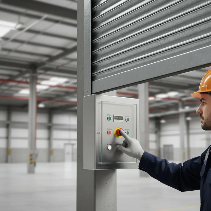 Technician testing automatic closing fire door in Los Angeles