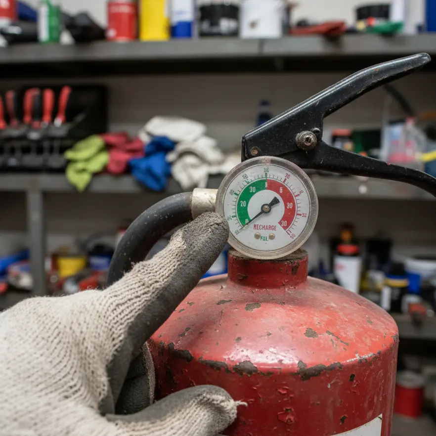 Old expired fire extinguisher on a shelf