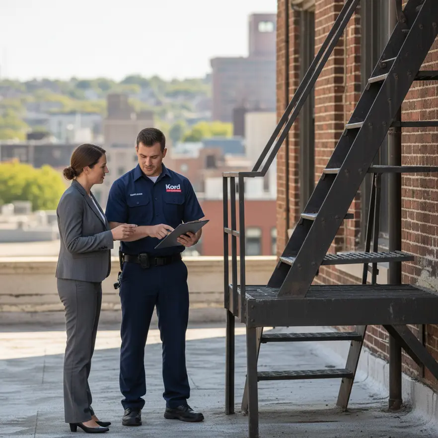Close-up of rusty fire escape components
