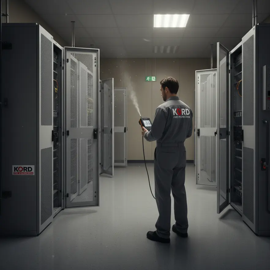 Technician inspecting CO2 fire suppression control panel