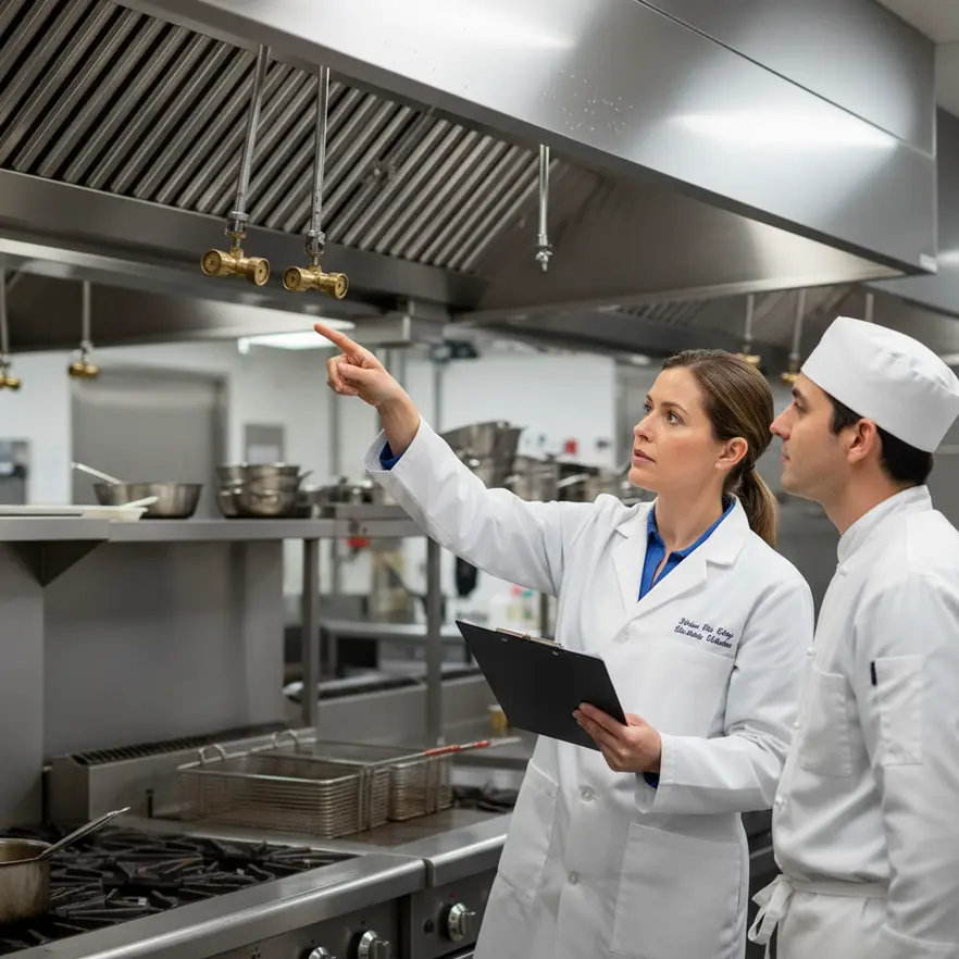 Fire extinguisher near commercial kitchen cookline