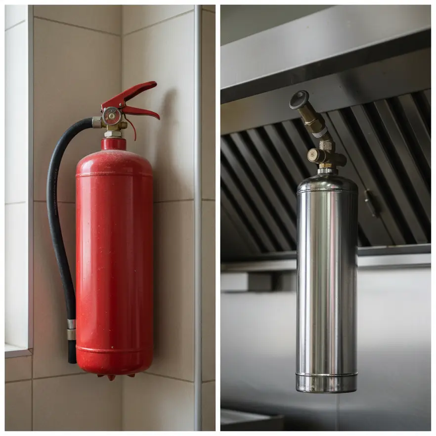 Nozzles from commercial kitchen fire suppression system