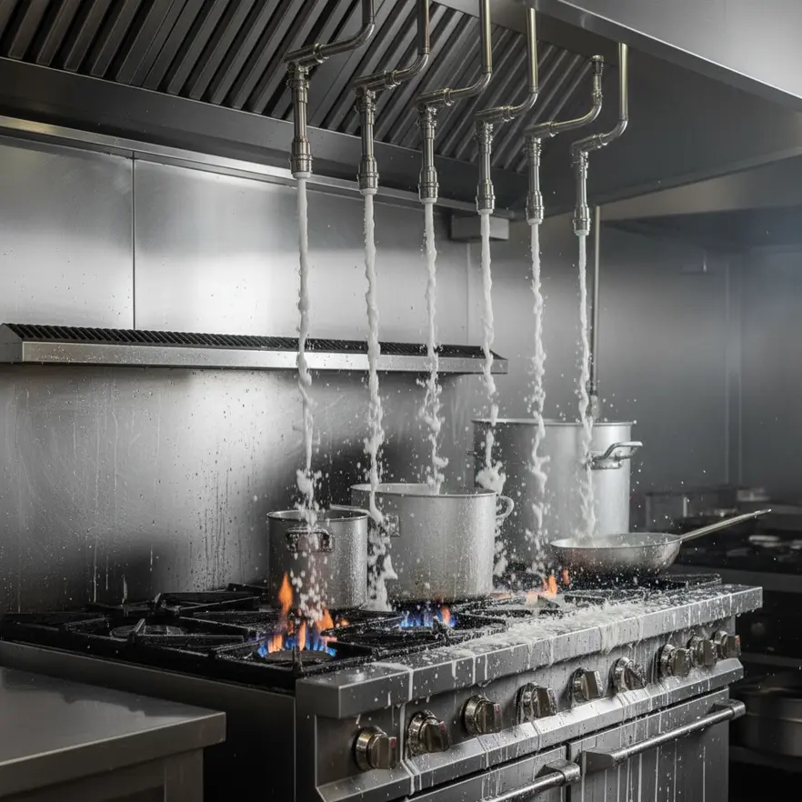 Commercial kitchen fire suppression system over cooking line