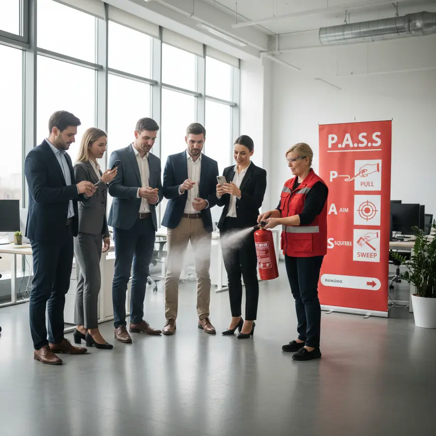 Technician inspecting fire extinguisher for maintenance