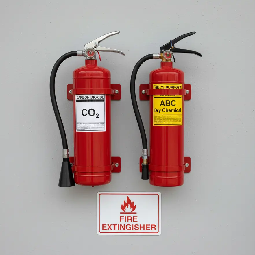 Close-up of silver and black fire extinguisher handles