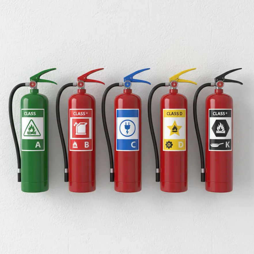 Different workplaces using silver and black handle fire extinguishers