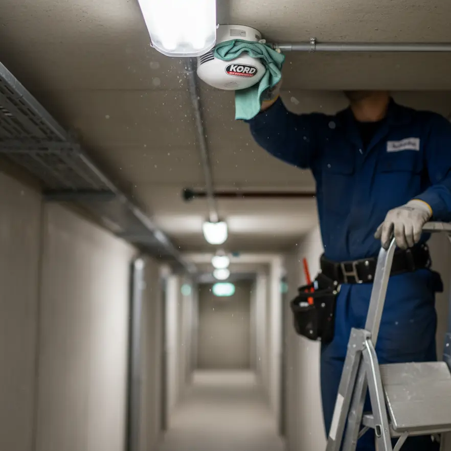 Technician reviewing commercial fire alarm panel after false alarm