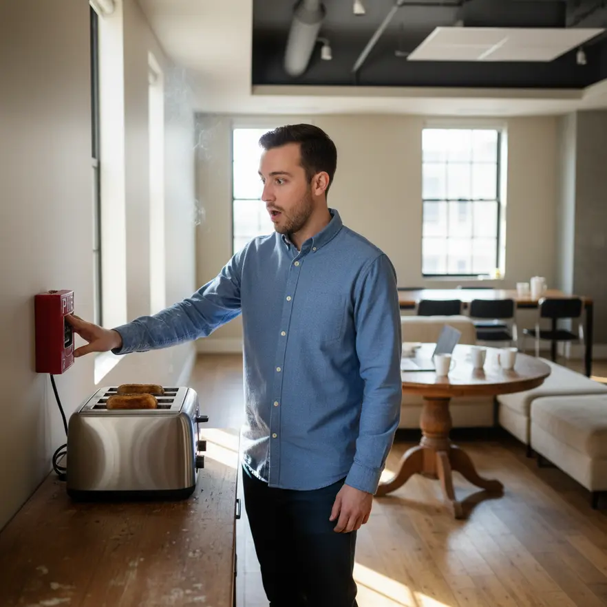 Dust and debris near ceiling smoke detector in a large building