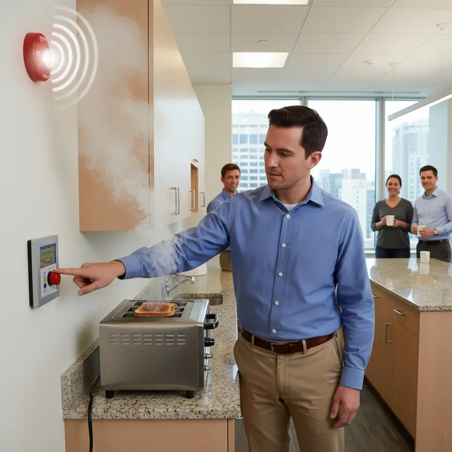 Fire alarm detector sensitivity being adjusted in a commercial building