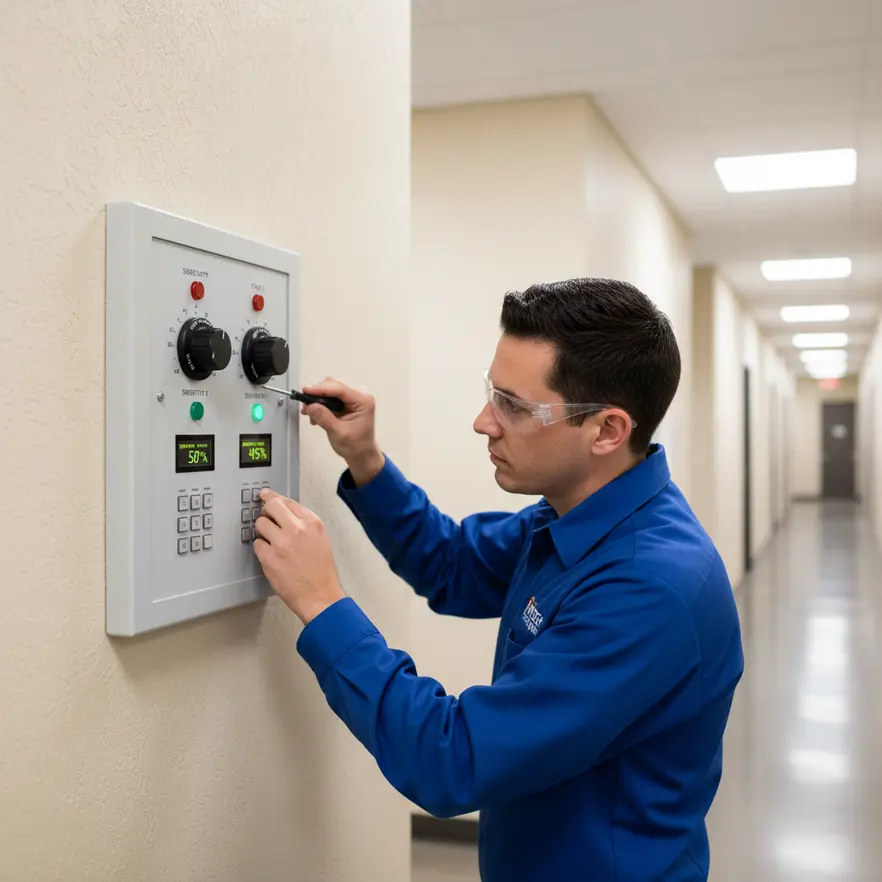 Technician testing fire alarm sensitivity to reduce false alarms