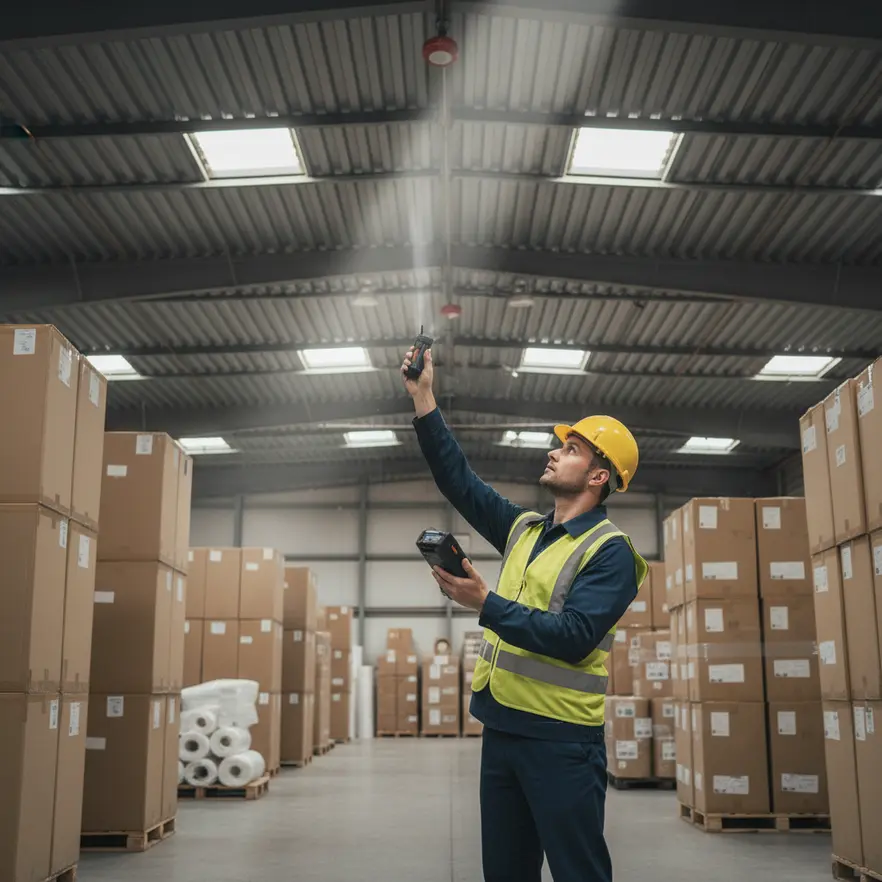 Different smoke particles interacting with fire alarm sensors illustration