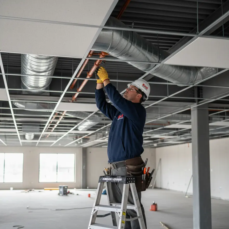 Technician planning fire sprinkler pipe sizing and layouts in California