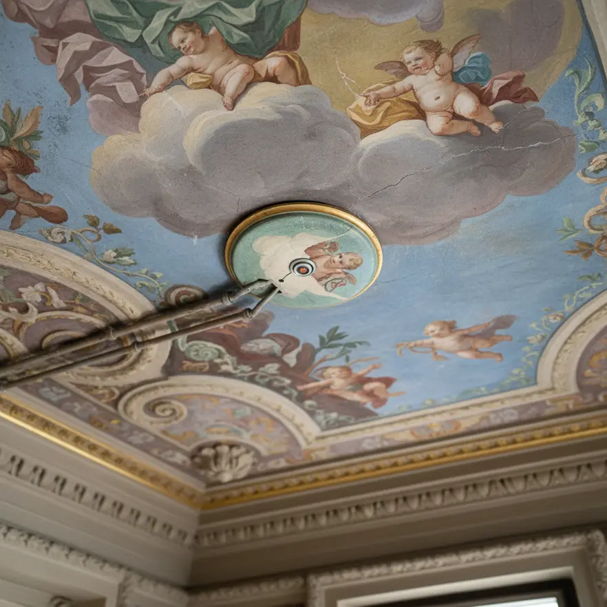 Fire sprinkler piping integrated into historic architecture