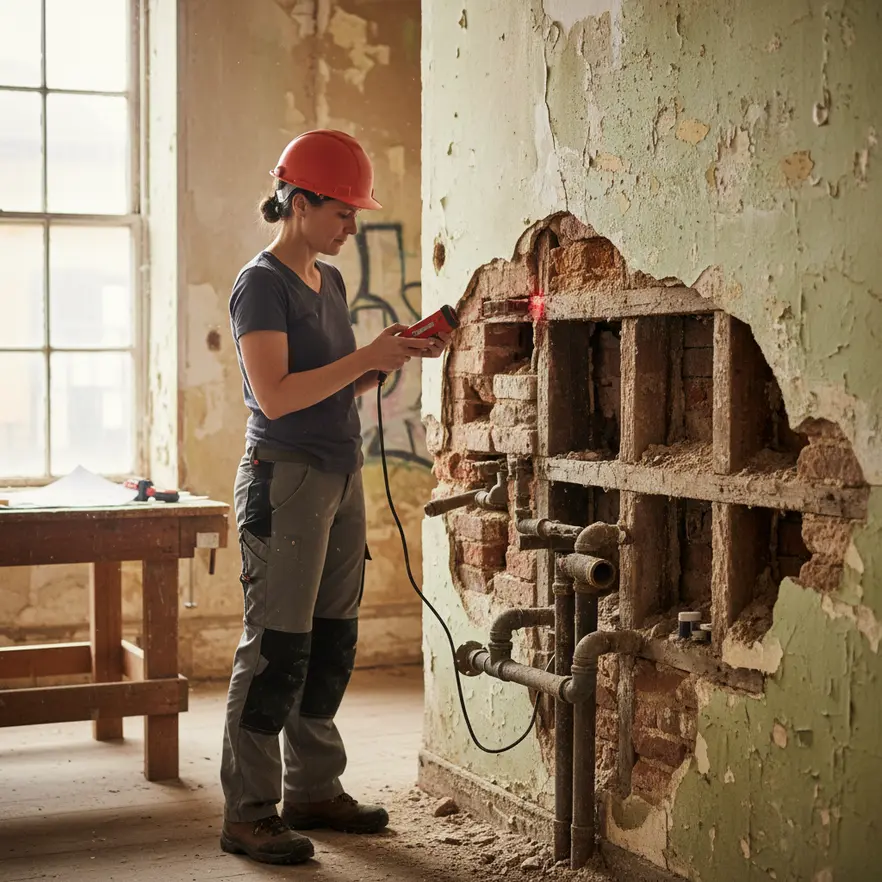 Technician planning fire sprinkler retrofit in a historic building