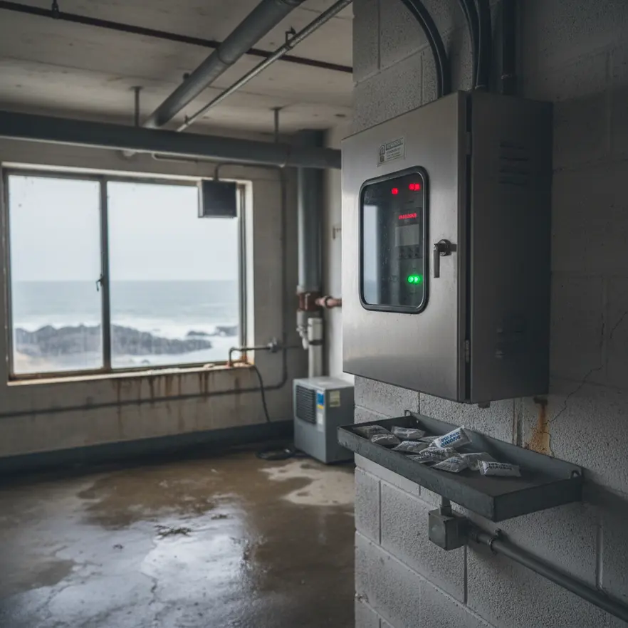 Close-up of corroded fire alarm electronics near the coast