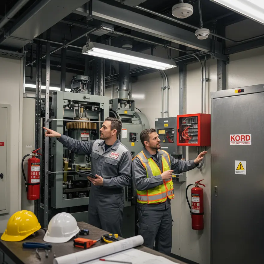 Technicians coordinating fire alarm and elevator controls during witness test