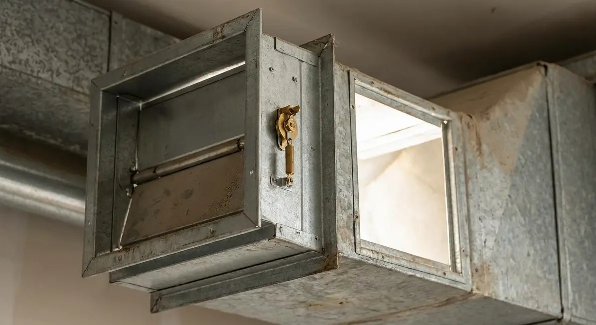 Fire damper installed in duct above ceiling