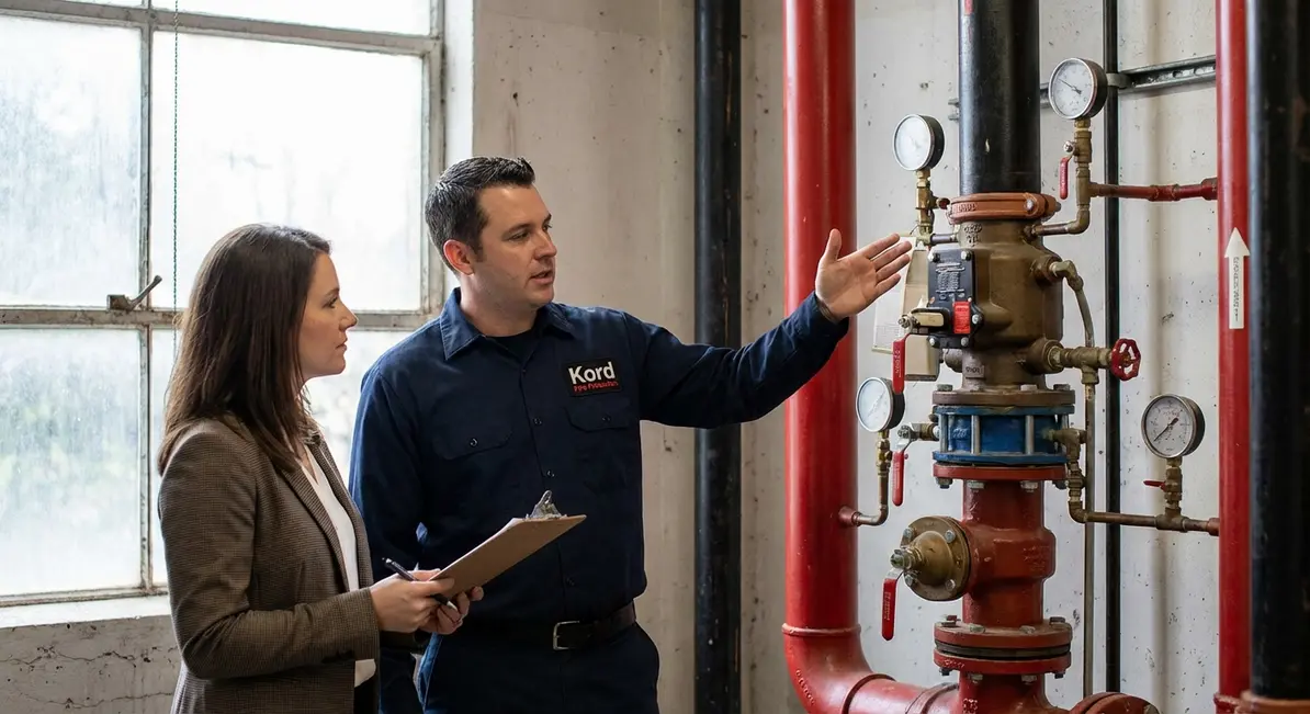 Wet sprinkler system riser and gauges during inspection