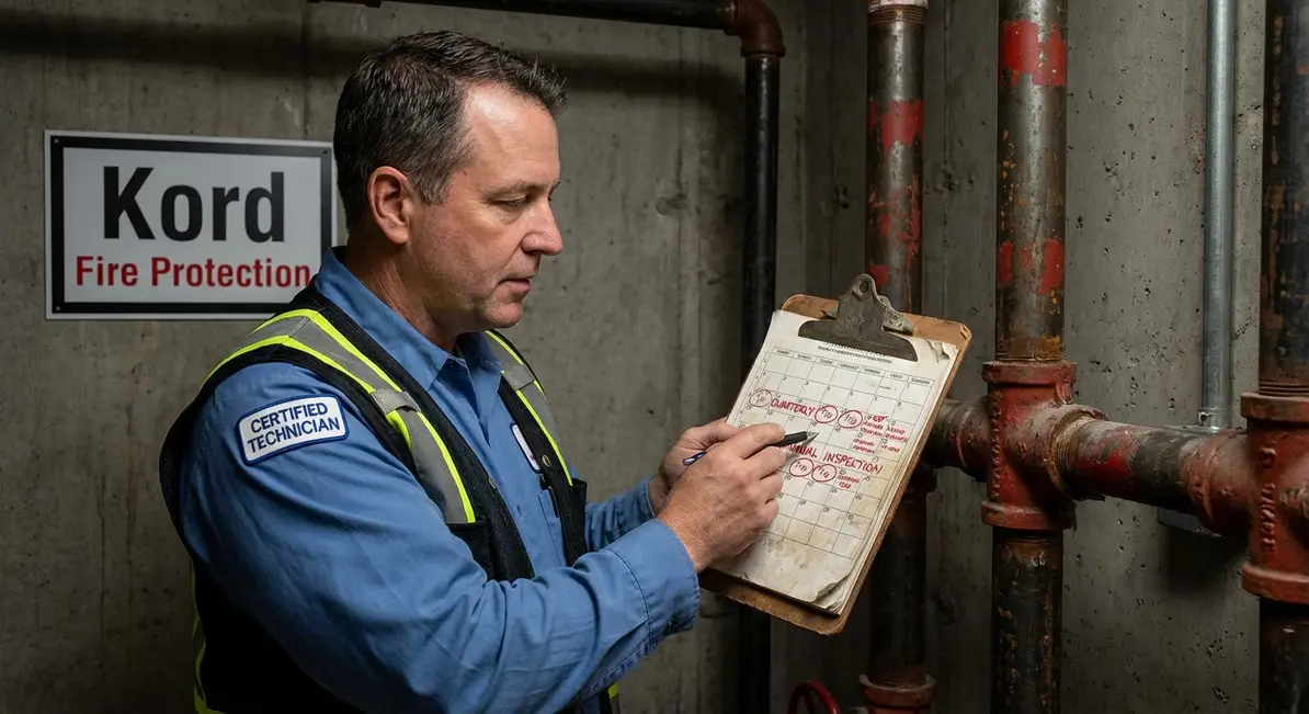 Technician checking wet sprinkler system valves and gauges