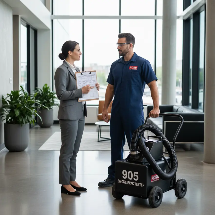 Technician performing smoke evacuation test with 909/905 tester