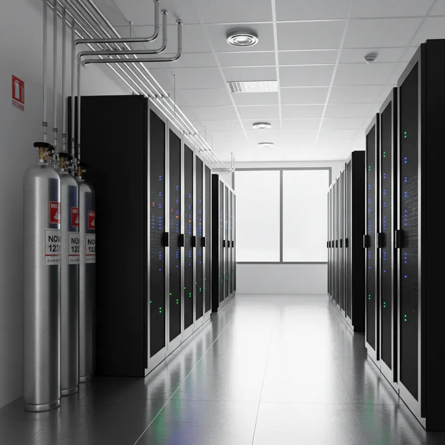 Technician configuring clean agent fire suppression for critical systems