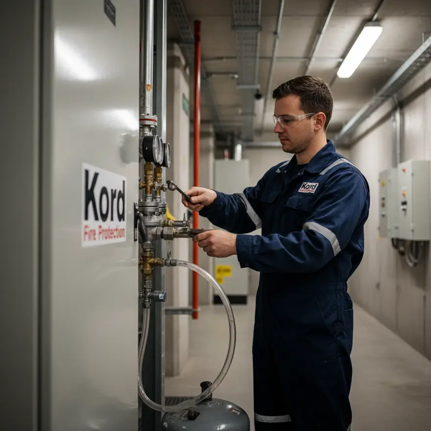 Technician recharging a fire suppression cylinder