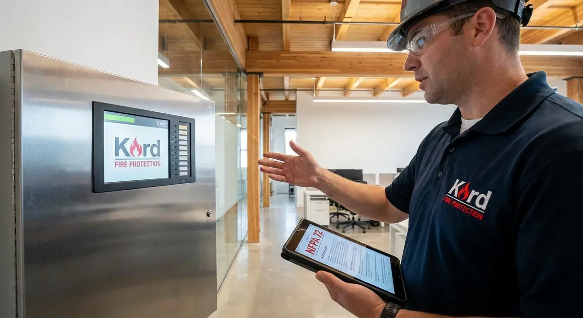 Technician performing commercial fire alarm inspection