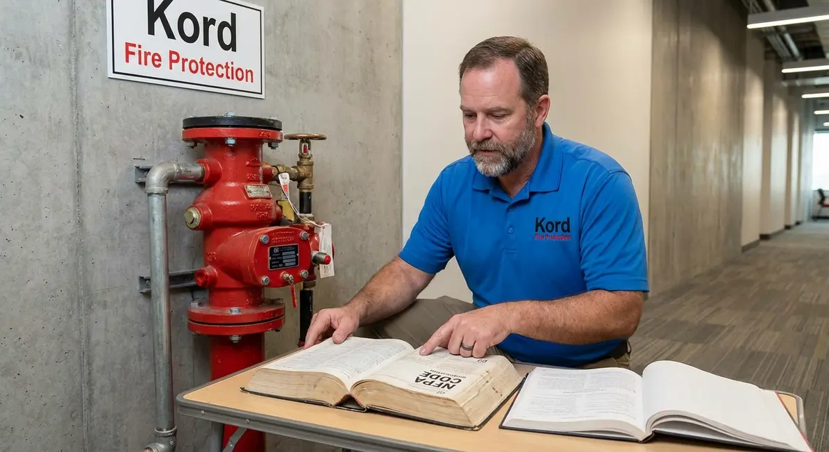 Technicians reviewing pre action sprinkler valves in a critical environment