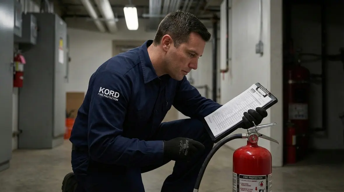 Technician checking a fire extinguisher during service