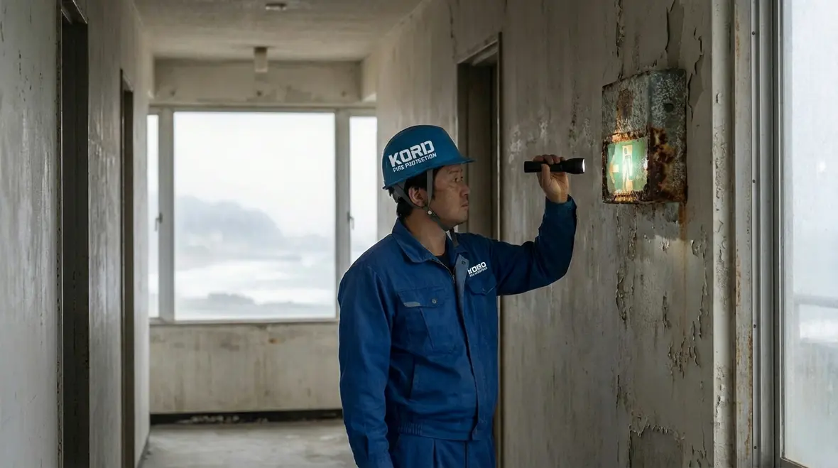 Corroded emergency safety lighting fixture in coastal parking garage