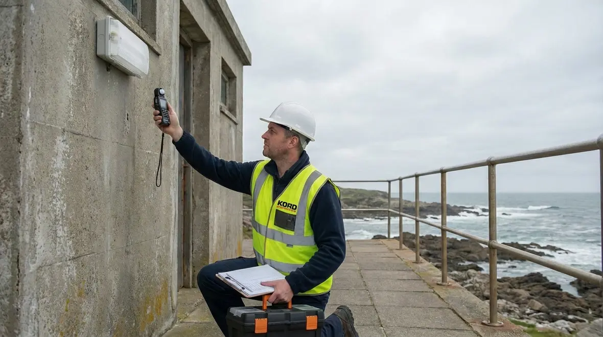 Kord Fire technician inspecting emergency safety lighting in coastal facility