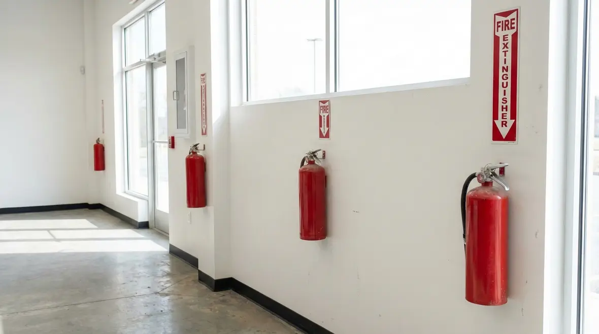 Business owner reviewing monthly and annual fire extinguisher schedule