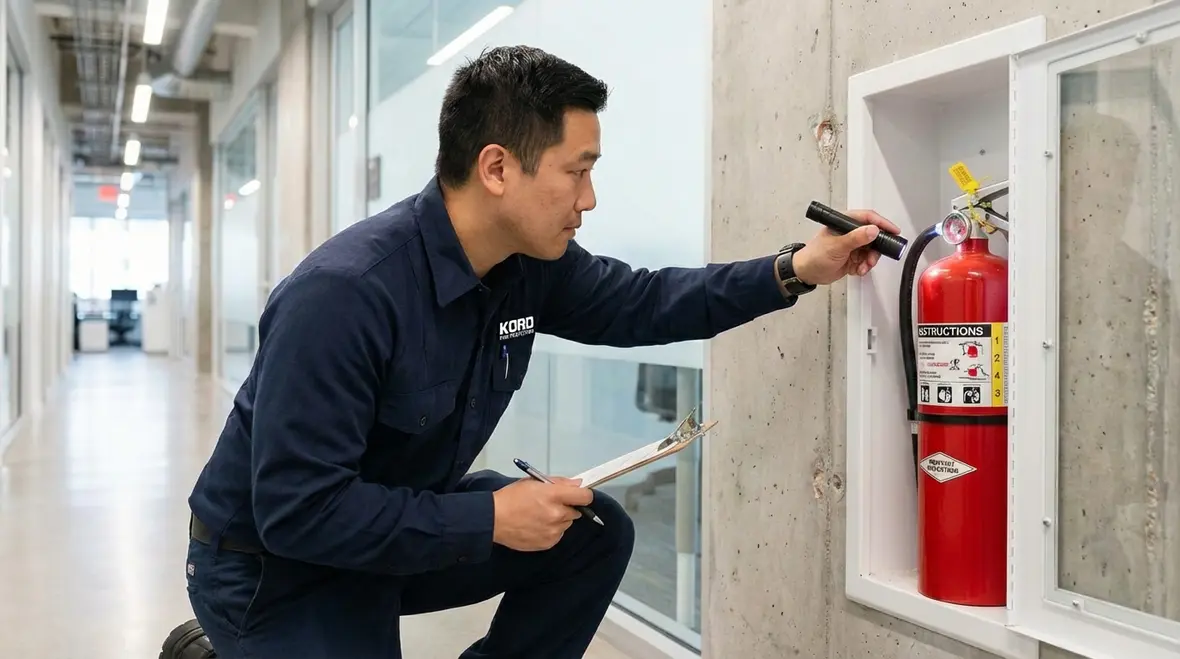 Technician inspecting fire extinguisher in an Orange County business