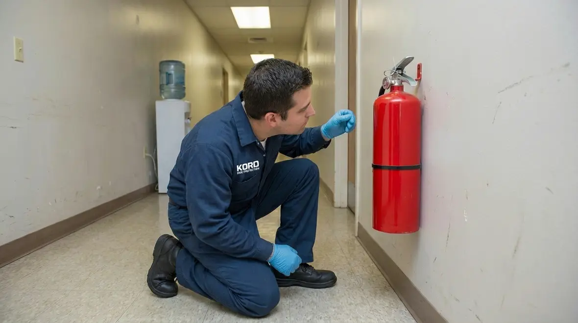 Close up of fire extinguisher gauge and inspection tag showing service life