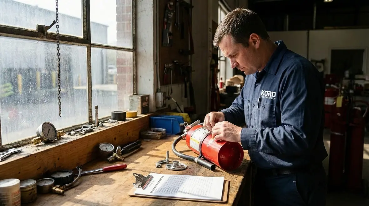 Technician comparing different types of fire extinguishers side by side