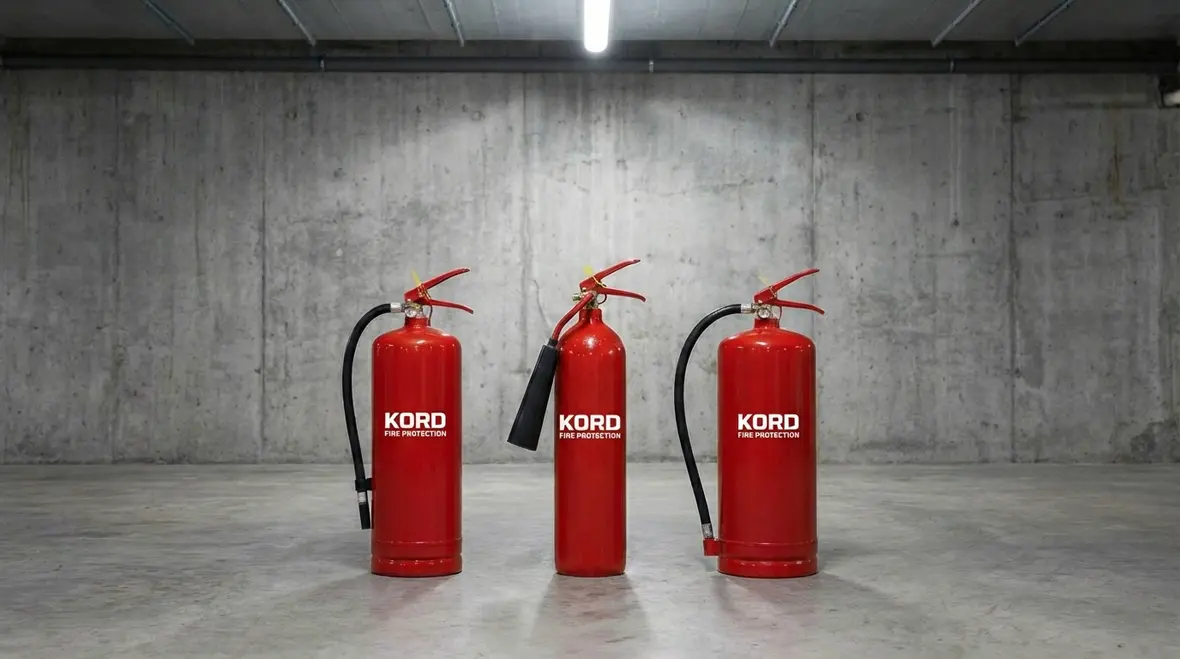 Row of tagged fire extinguishers showing inspection dates