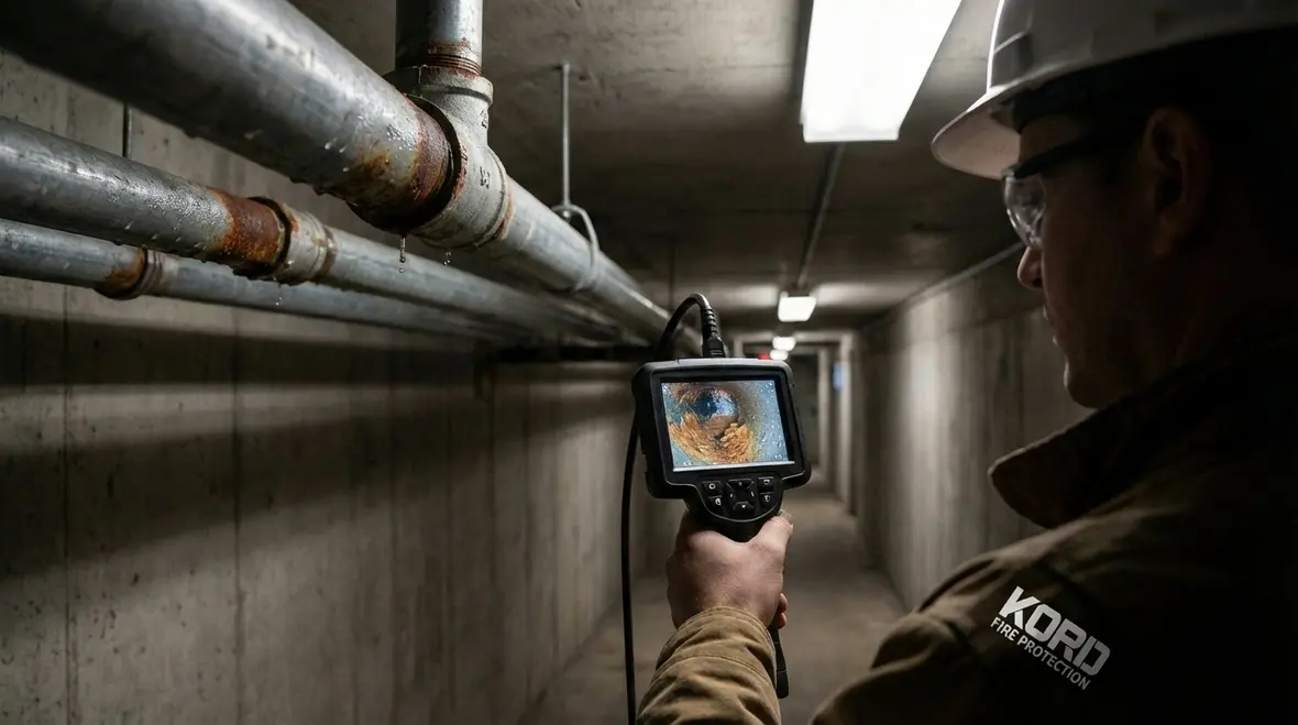 Technician checking fire sprinkler water pressure and gauges