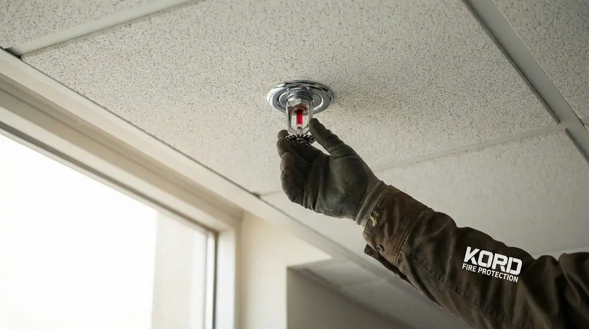 Technician inspecting fire sprinkler issues in Anaheim ceiling