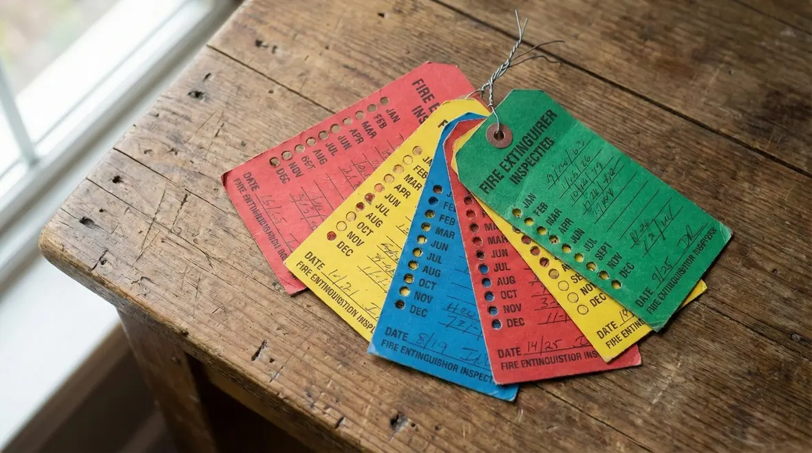 Detail view of color coded fire extinguisher inspection tags