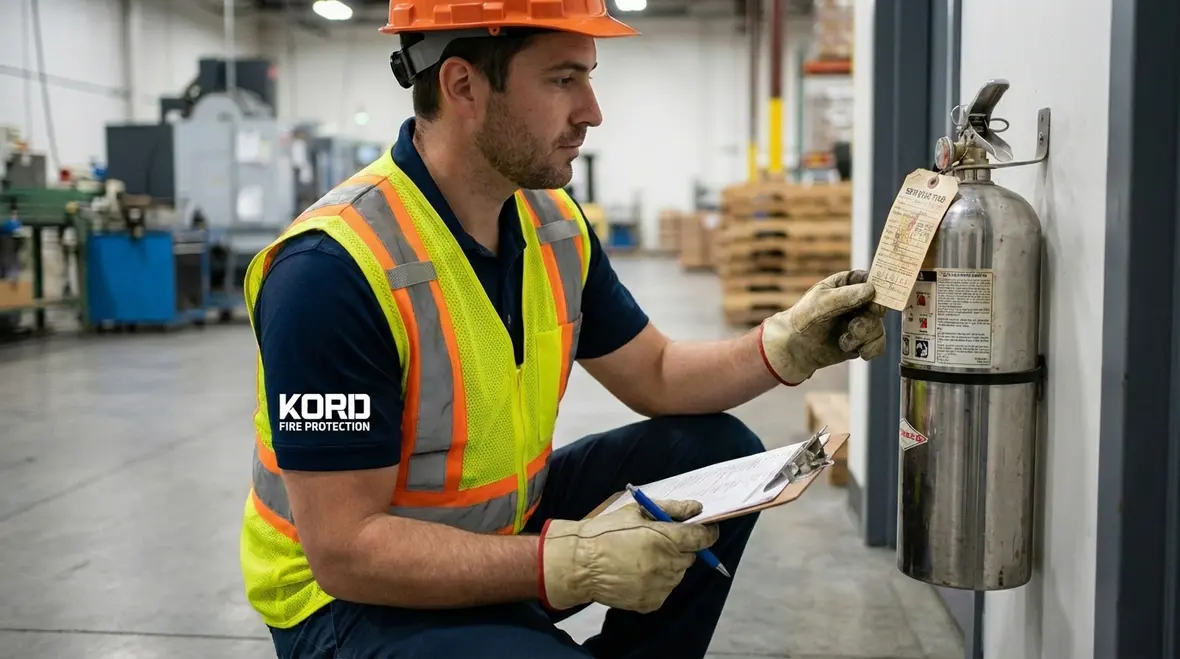 Clearly signed fire extinguisher placement in a Los Angeles apartment building