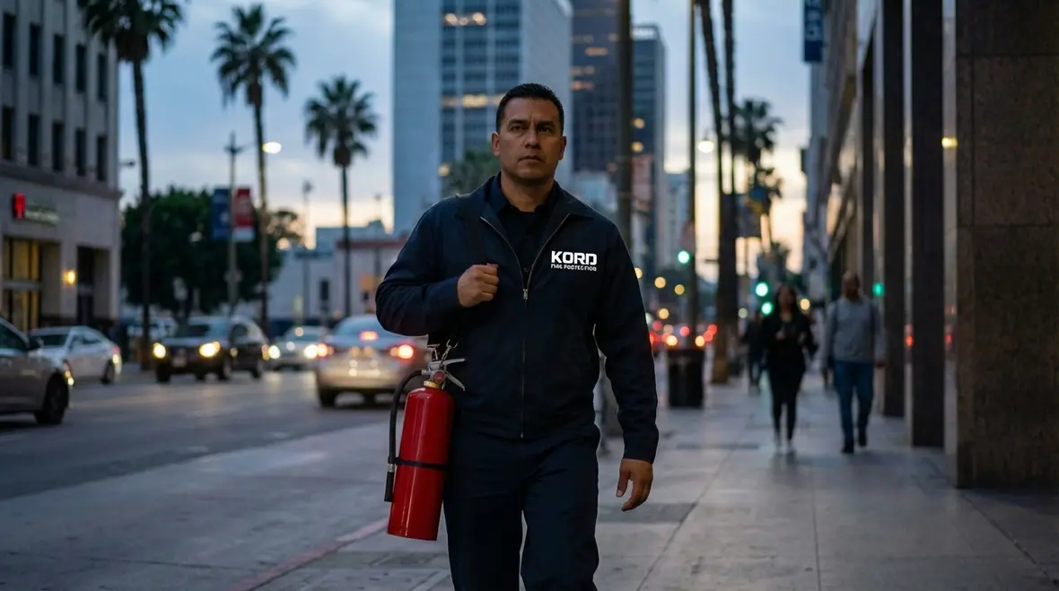 Property manager reviewing Los Angeles fire extinguisher inspection tags