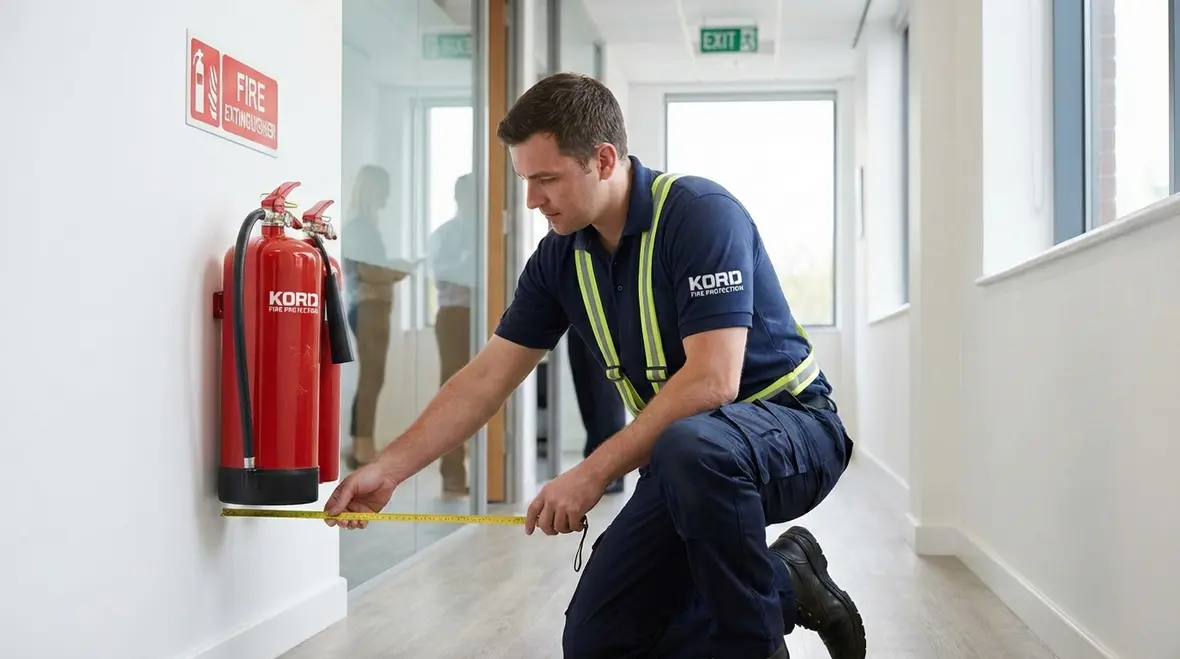 Code-compliant fire extinguishers in a Los Angeles commercial building hallway