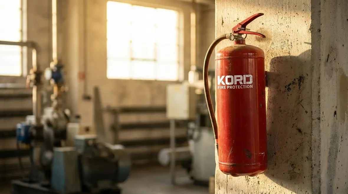Foam fire extinguisher stored in a commercial setting