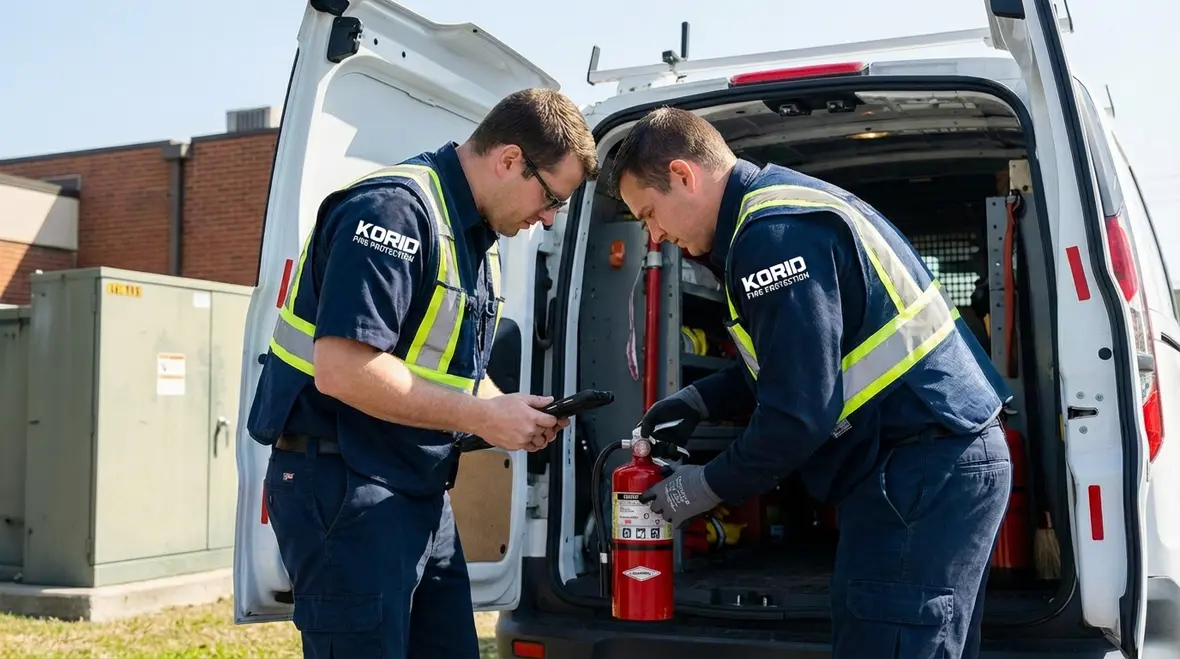 Business owner consulting with fire protection professional about extinguisher disposal