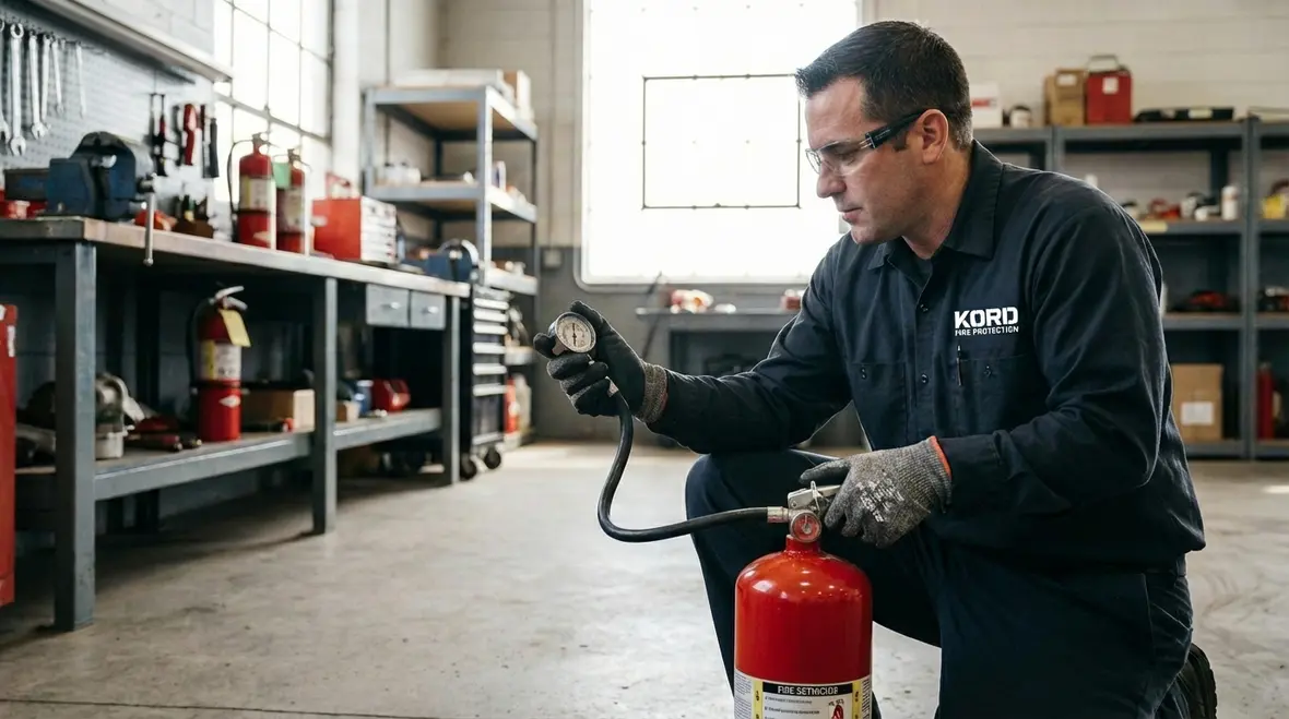 Technician inspecting an expired fire extinguisher