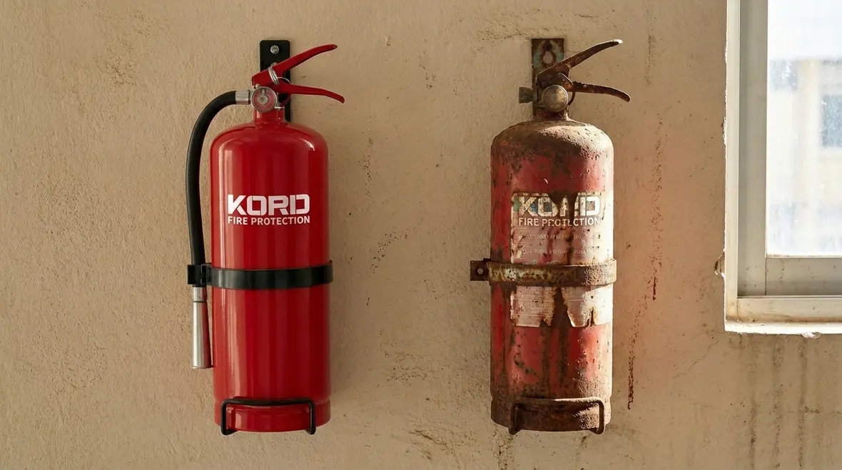 Old fire extinguisher being replaced with a new unit