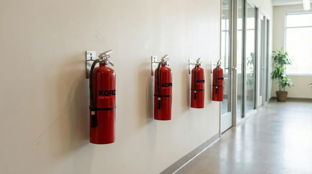 Row of commercial fire extinguishers in a hallway