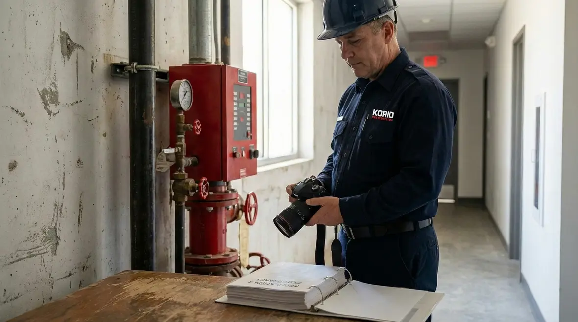 Fire protection systems like sprinklers and alarms working together in a Los Angeles building