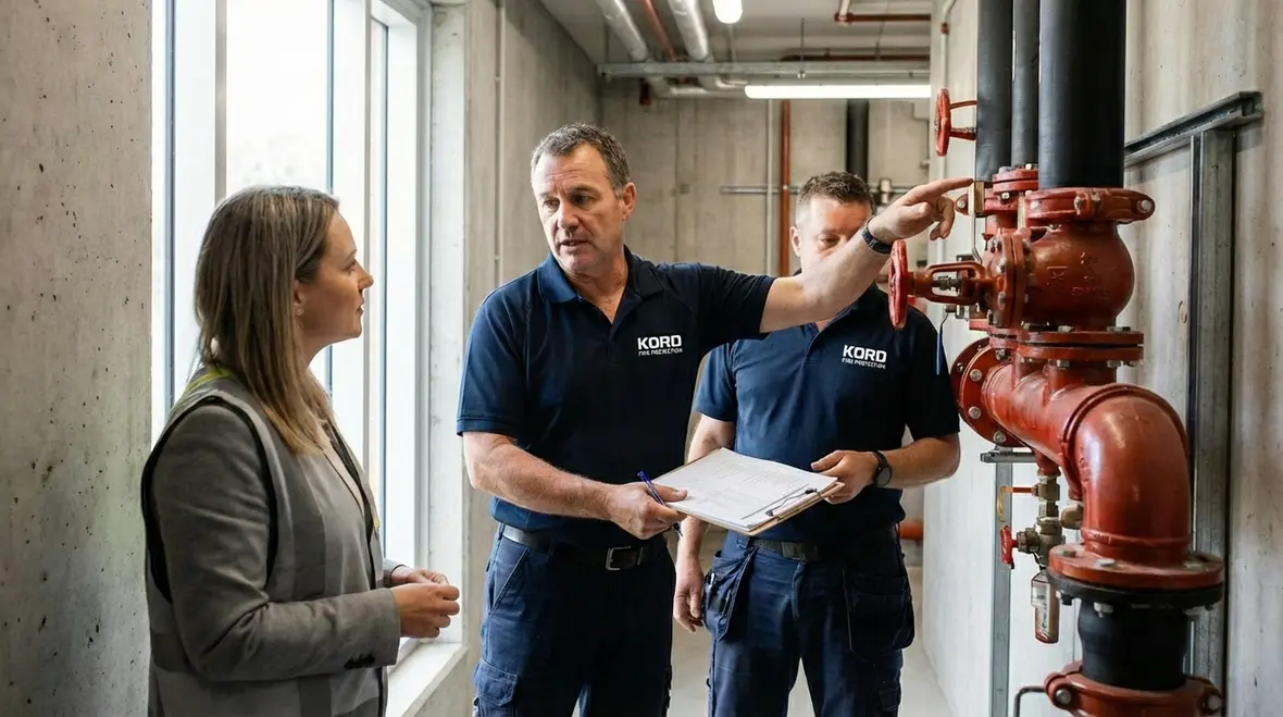 Kord technician explaining fire protection systems in a Los Angeles building